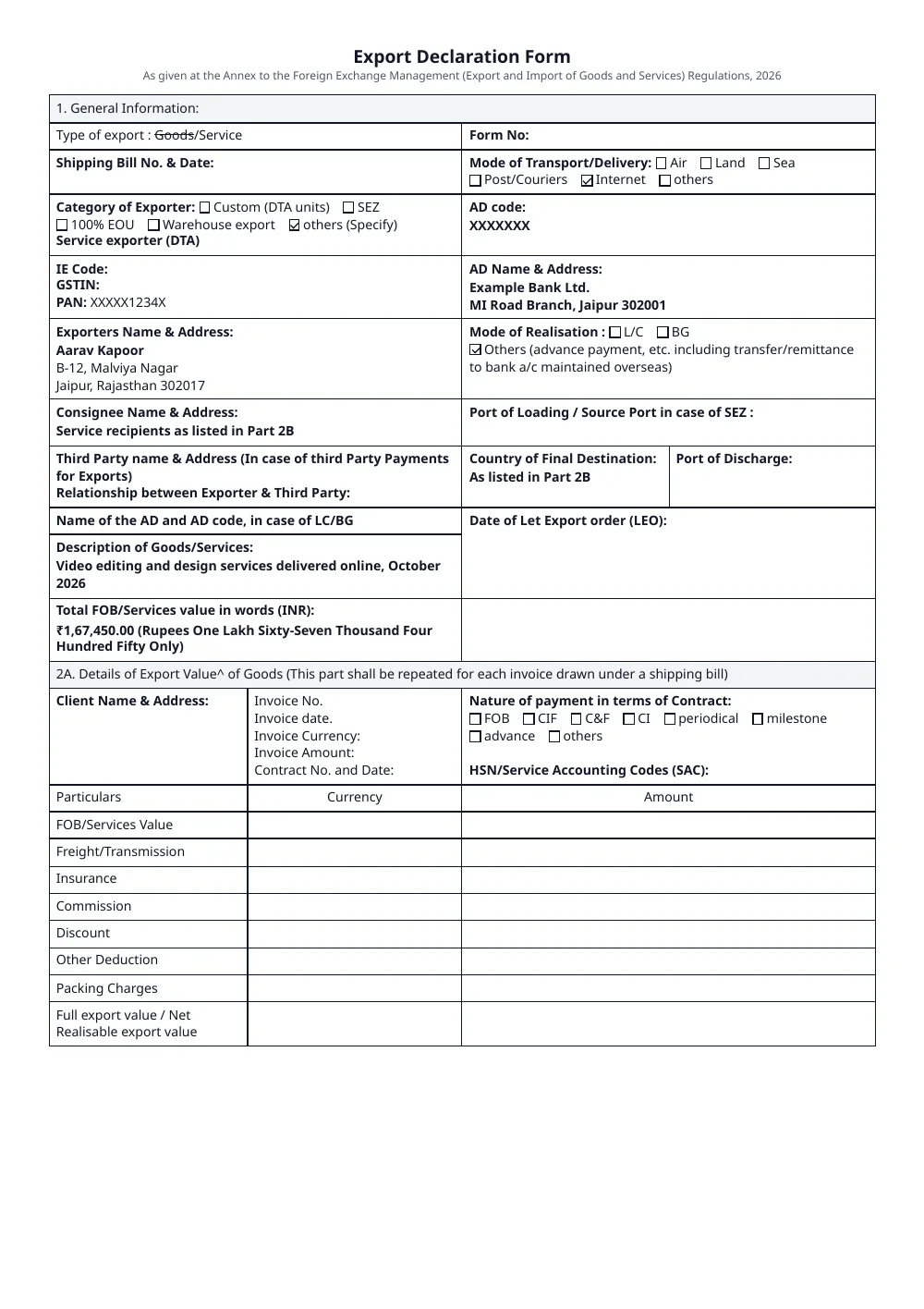 EDF Form for Export of Services – a sample made with FormatWala, filled in with made-up details