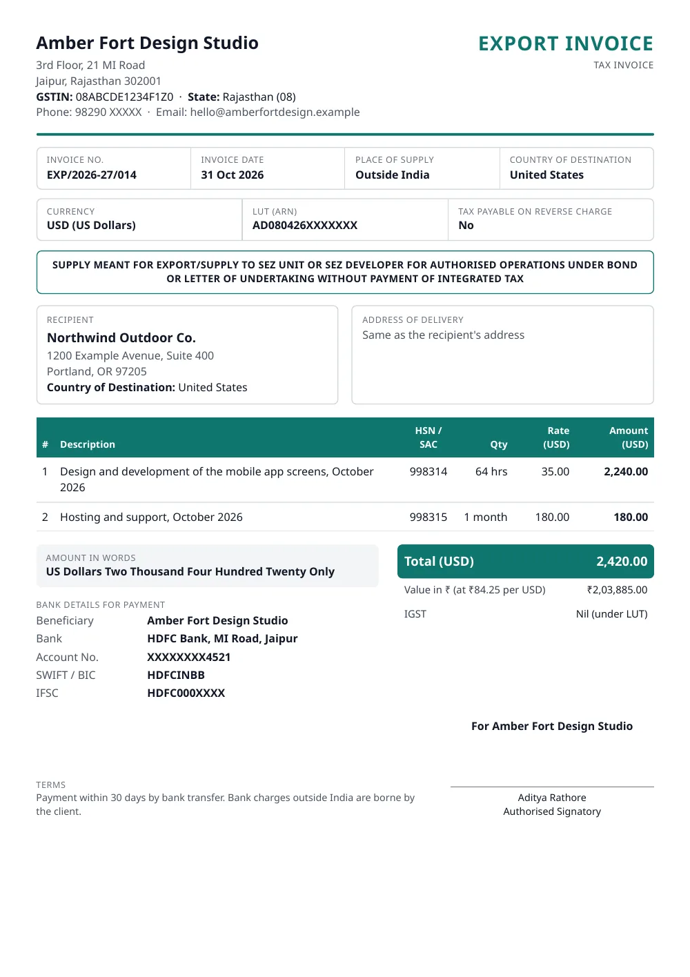 Export Invoice – a sample made with FormatWala, filled in with made-up details