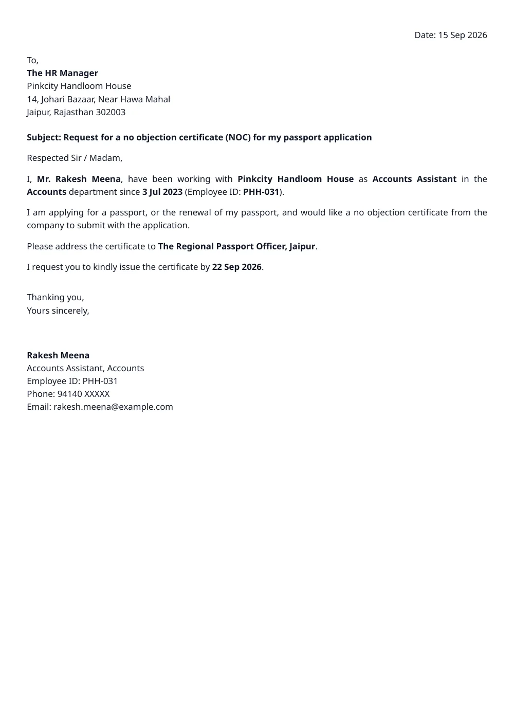 Application for NOC – a sample made with FormatWala, filled in with made-up details