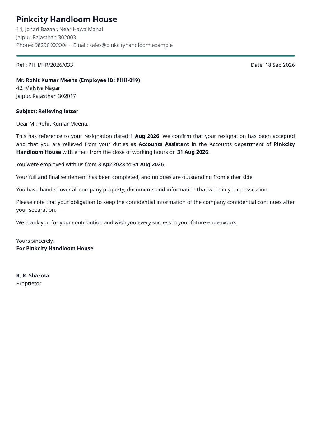 Relieving Letter – a sample made with FormatWala, filled in with made-up details