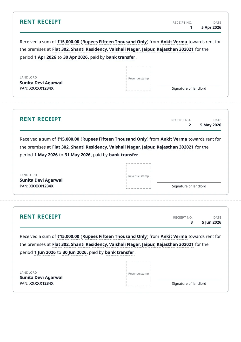Rent Receipt – a sample made with FormatWala, filled in with made-up details