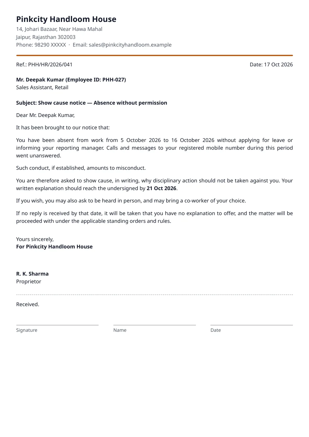Show Cause Notice – a sample made with FormatWala, filled in with made-up details