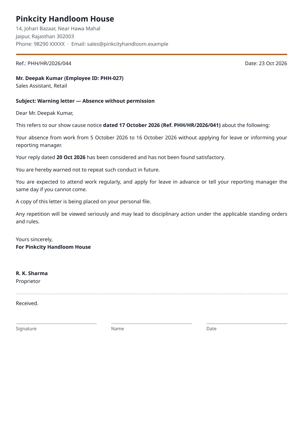 Warning Letter – a sample made with FormatWala, filled in with made-up details
